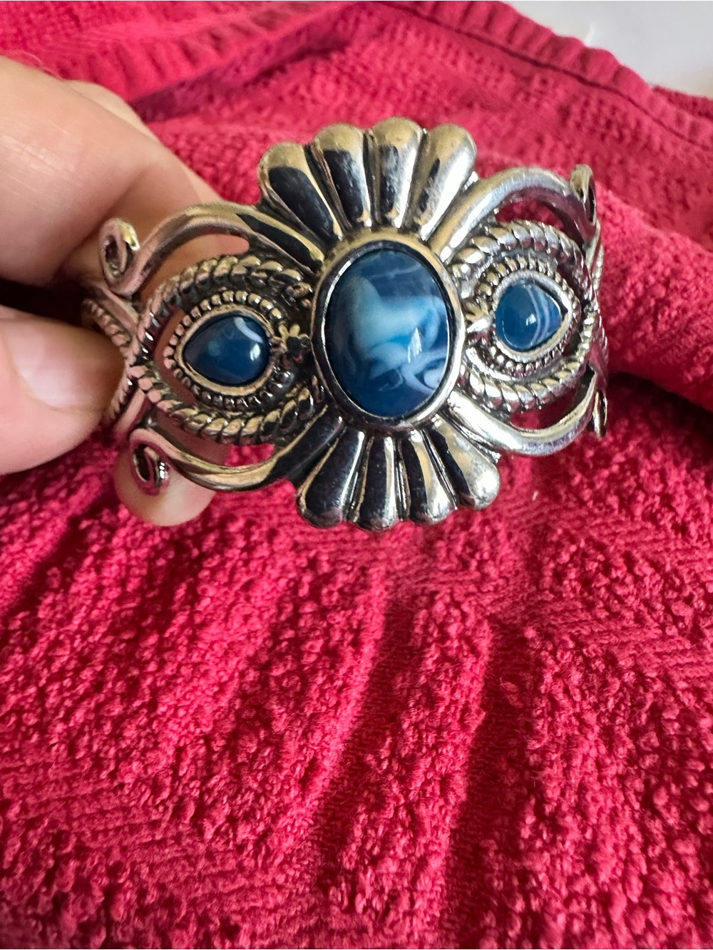 Source Unknown Silver-Tone Cuff Bracelet with Deep Blue Cabochons